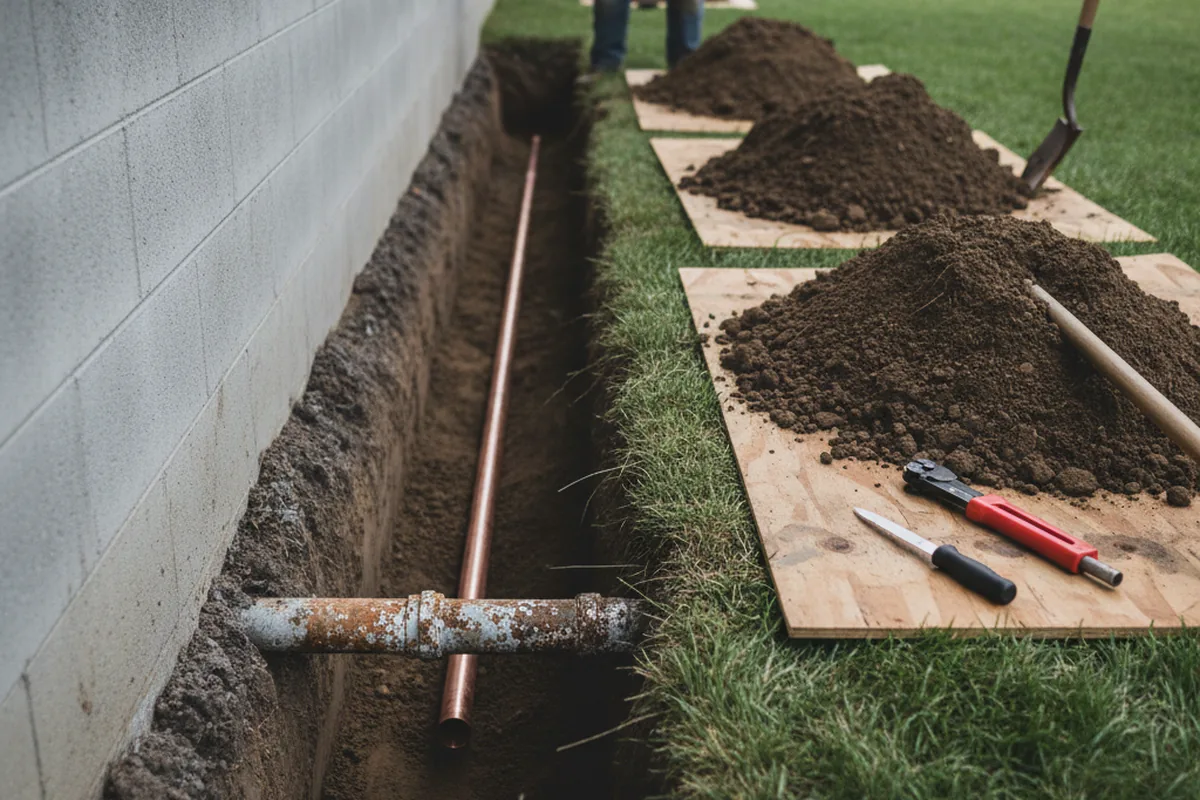 Excavated water line trench during Sewer Line Repair in Gotha